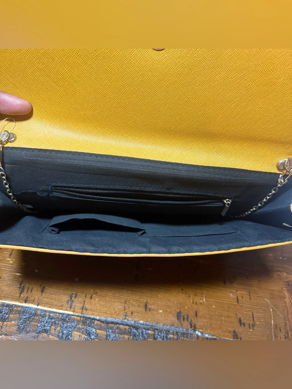 Stunning Saffron Yellow Faux Leather Clutch Bag with Gold Shoulder Chain Strap